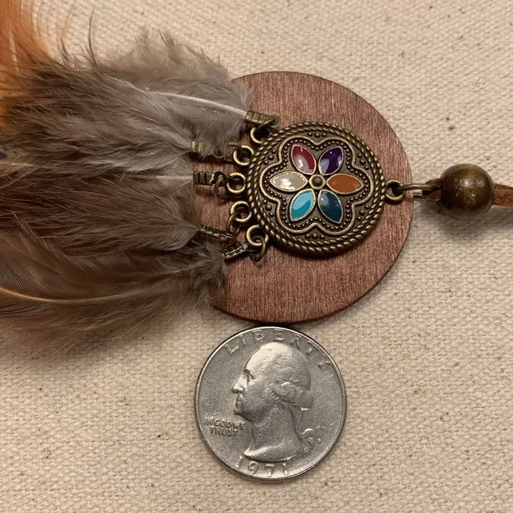 Nomad Wood Enamel Feather Pendant Necklace in Bronze Tone